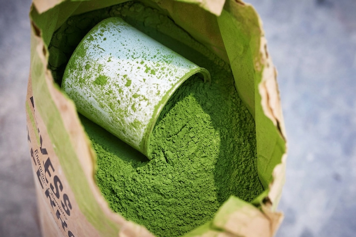 Open bag of green matcha powder with a cylindrical container on a blurred background